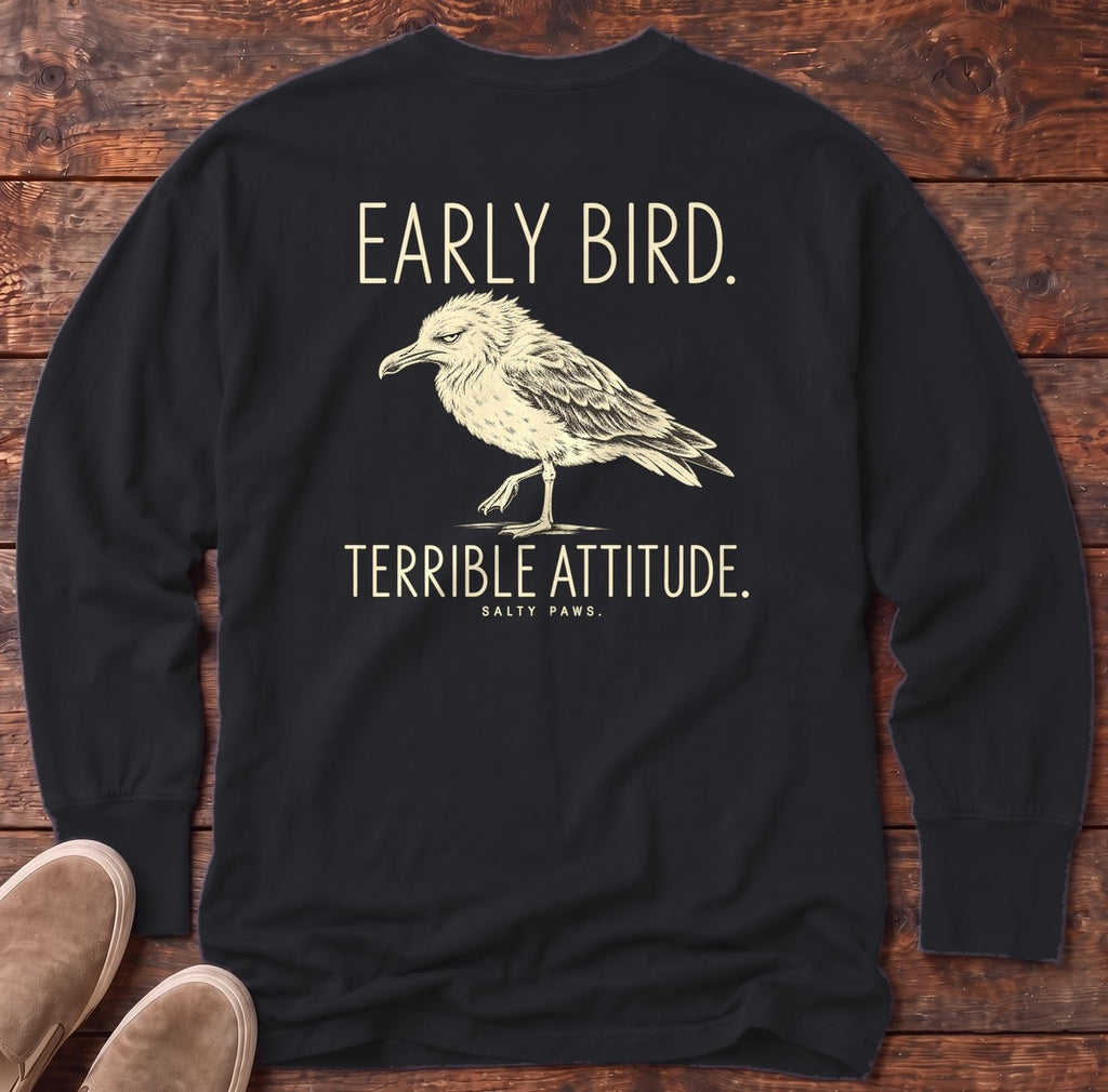 Early Bird Terrible Attitude Seagull Back Design Long Sleeve Tee in Black, Salty Paws Comfort Colors Long Sleeve Tee, back design flat lay