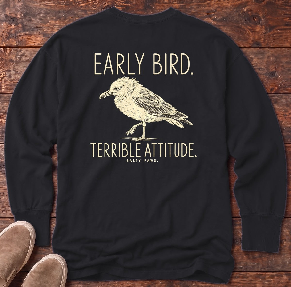 Early Bird Terrible Attitude Seagull Back Design Long Sleeve Tee in Black, Salty Paws Comfort Colors Long Sleeve Tee, back design flat lay