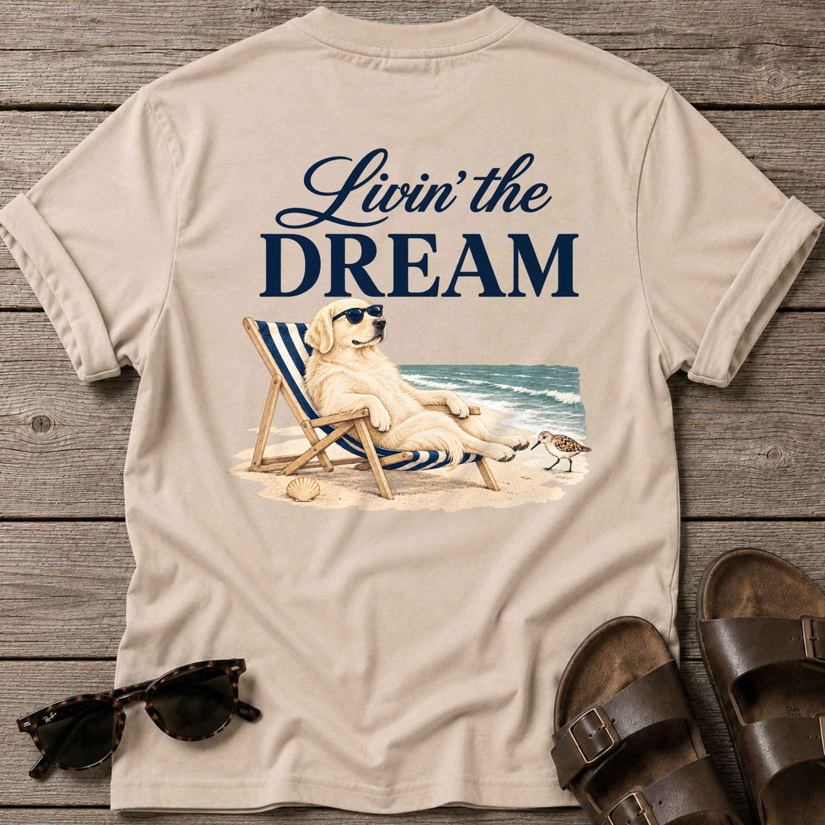 Livin' the Dream Cream Retriever Back Design T-Shirt in Sand, Salty Paws coastal t-shirt