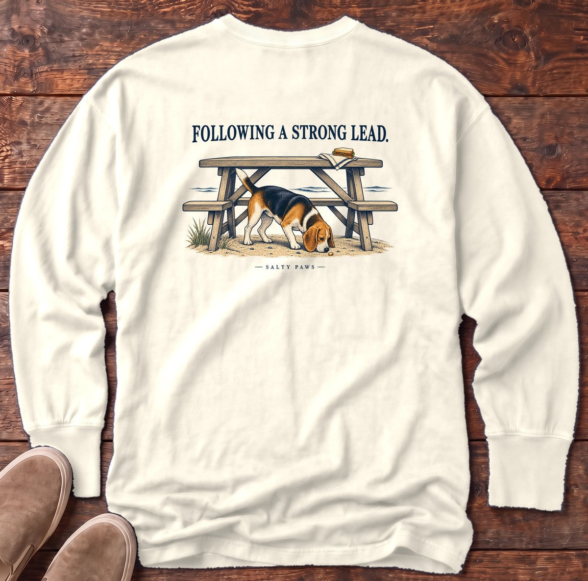 Following a Strong Lead Beagle Back Design Long Sleeve Tee in Ivory, Salty Paws Comfort Colors Long Sleeve Tee, back design flat lay