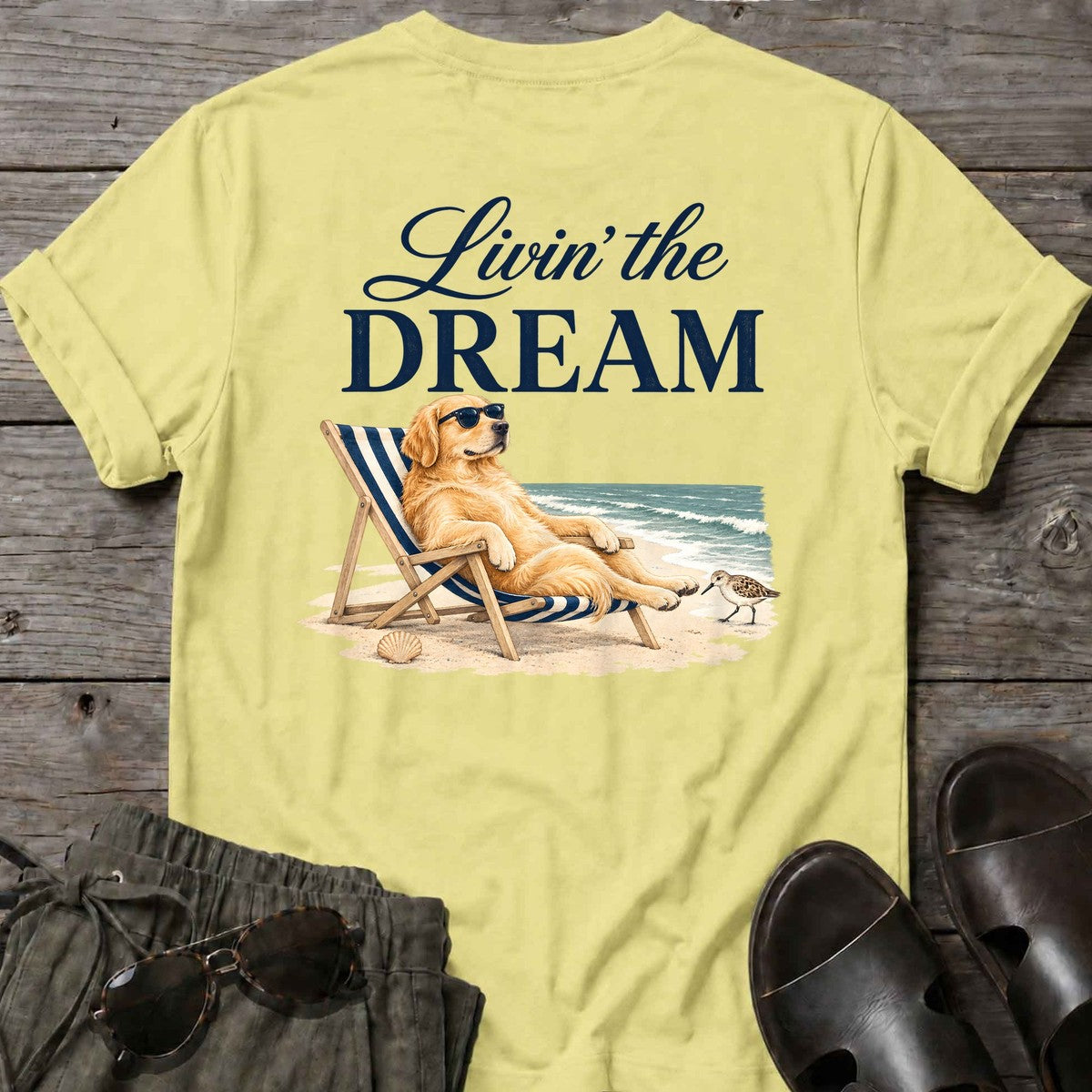 Livin' the Dream Golden Retriever Back Design T-Shirt in Cornsilk, Salty Paws coastal t-shirt