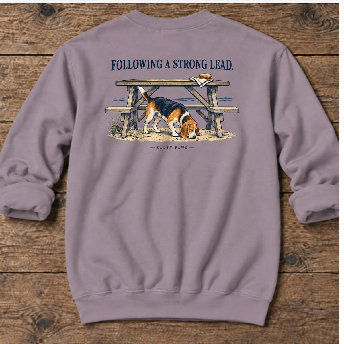 Following a Strong Lead Beagle Back Design Midweight Sweatshirt in Paragon, Salty Paws Midweight Sweatshirt, back design flat lay