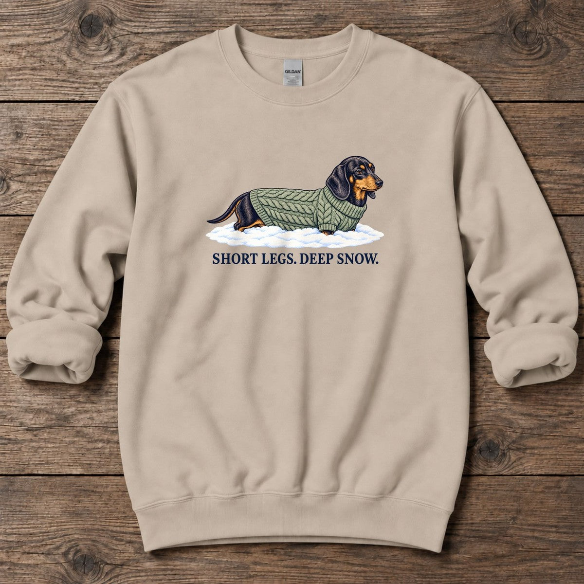 Short Legs Deep Snow Dachshund Midweight Sweatshirt in Sand, Salty Paws Midweight Sweatshirt, front design flat lay