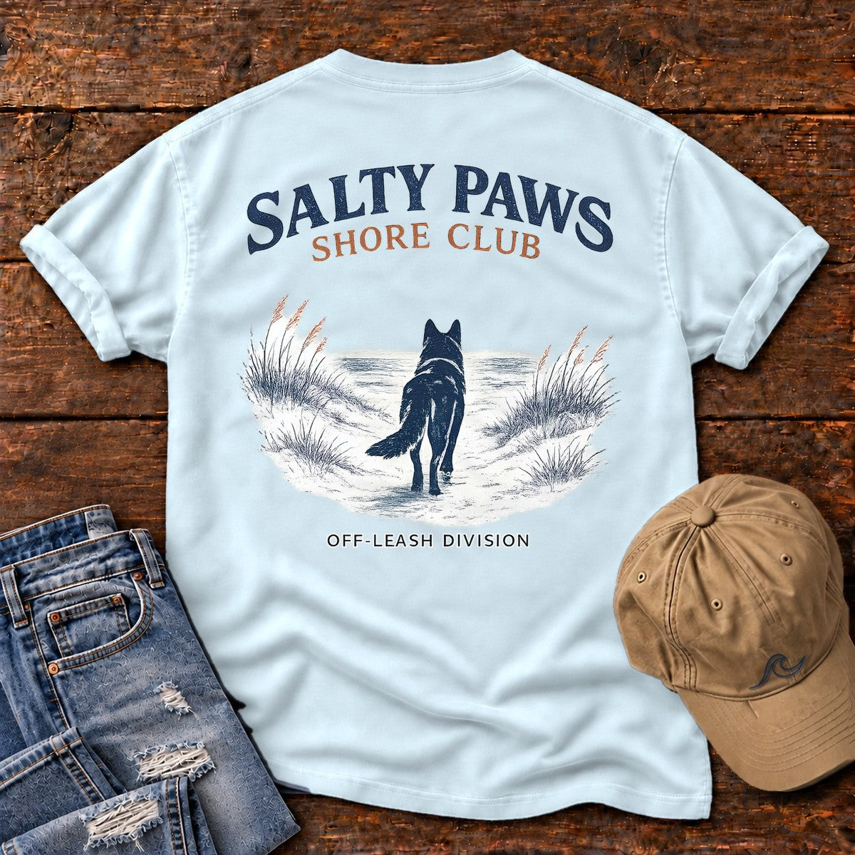 Salty Paws Shore Club Shepherd Back Design Comfort Colors T-Shirt in Chambray, back design flat lay