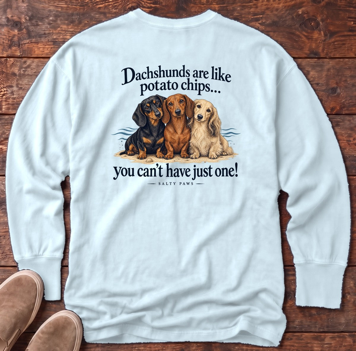 Dachshunds Are Like Potato Chips Back Design Long Sleeve Tee in Chambray, Salty Paws Comfort Colors Long Sleeve Tee, back design flat lay
