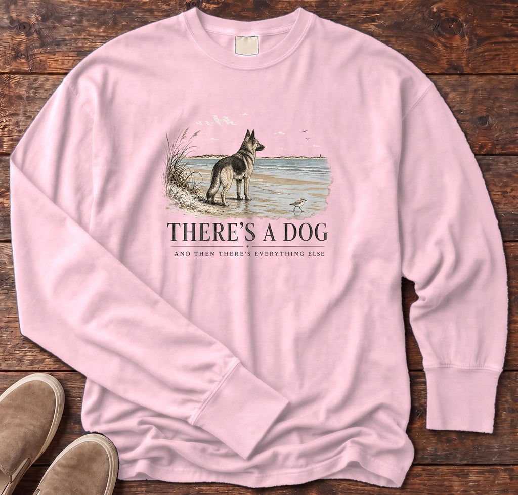 There's a Dog Shepherd Long Sleeve Tee in Blossom, Salty Paws Comfort Colors long sleeve tee