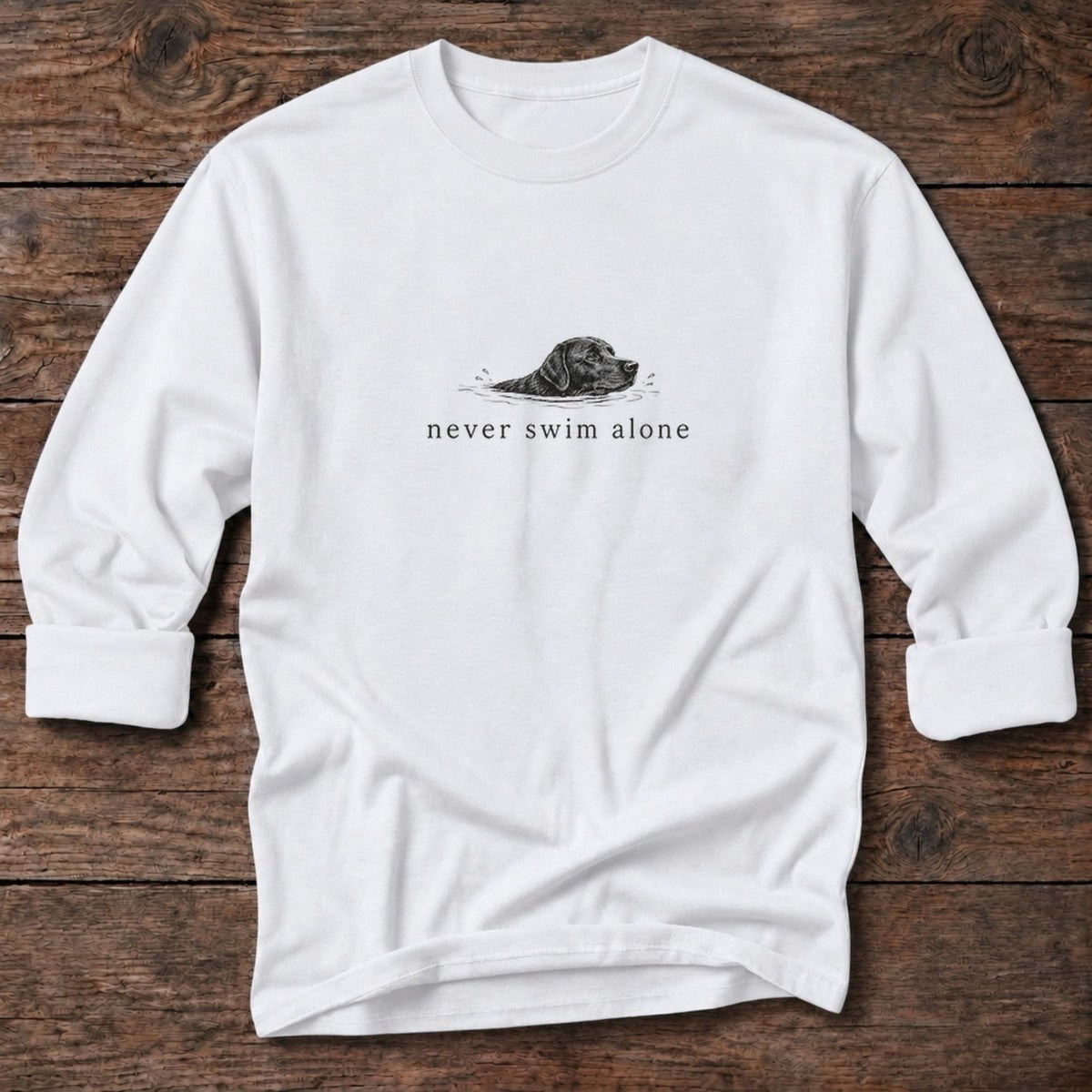 Never Swim Alone Lab Dog Long Sleeve Tee in White, Salty Paws coastal tee