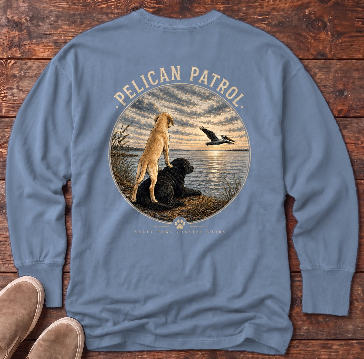 Pelican Labradors Back Design Long Sleeve Tee in Blue Jean, Salty Paws Comfort Colors long sleeve tee