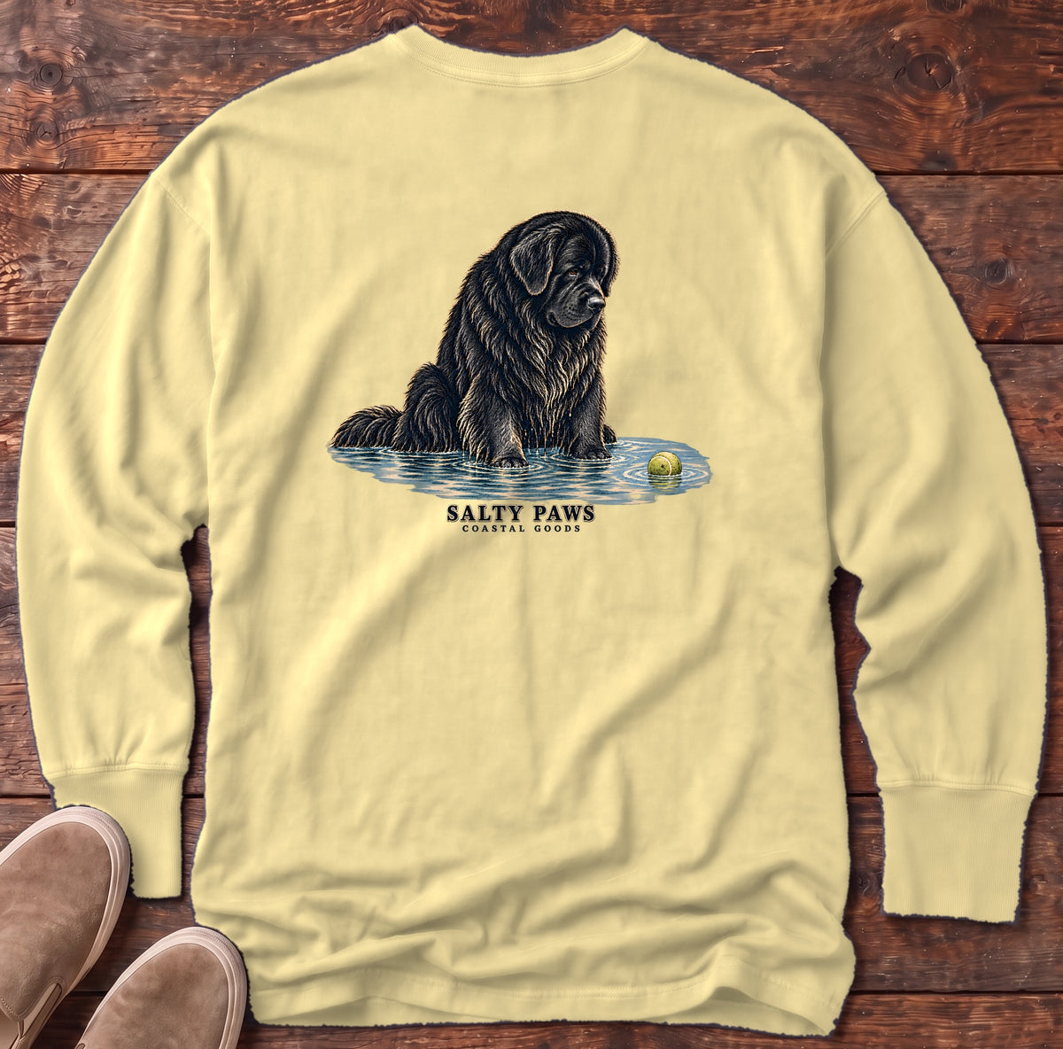 Newfoundland Ball Back Design Long Sleeve Tee in Butter, Salty Paws Comfort Colors Long Sleeve Tee, back design flat lay