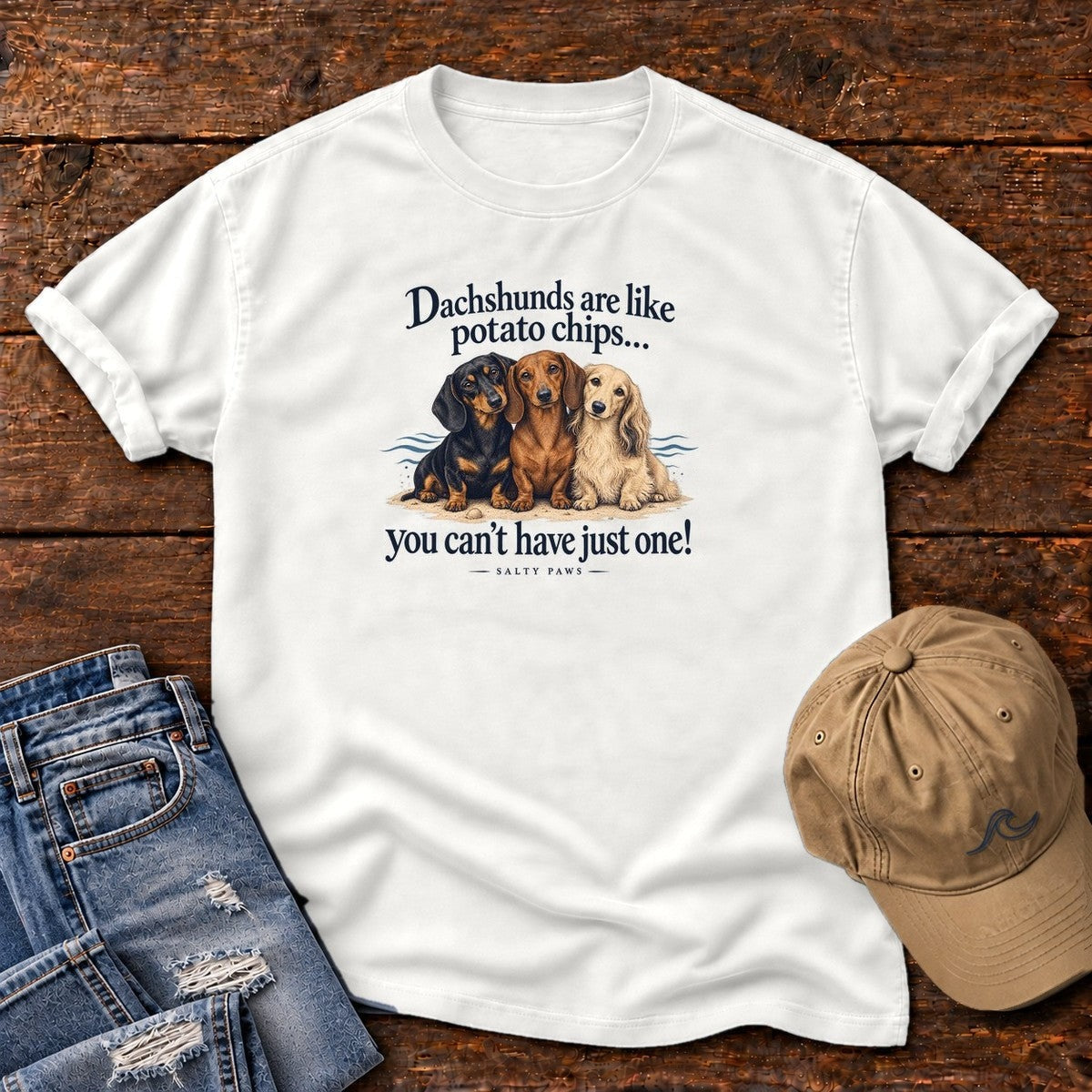 Three Dachshunds Potato Chips T-Shirt in White, Salty Paws Comfort Colors T-Shirt, front design flat lay