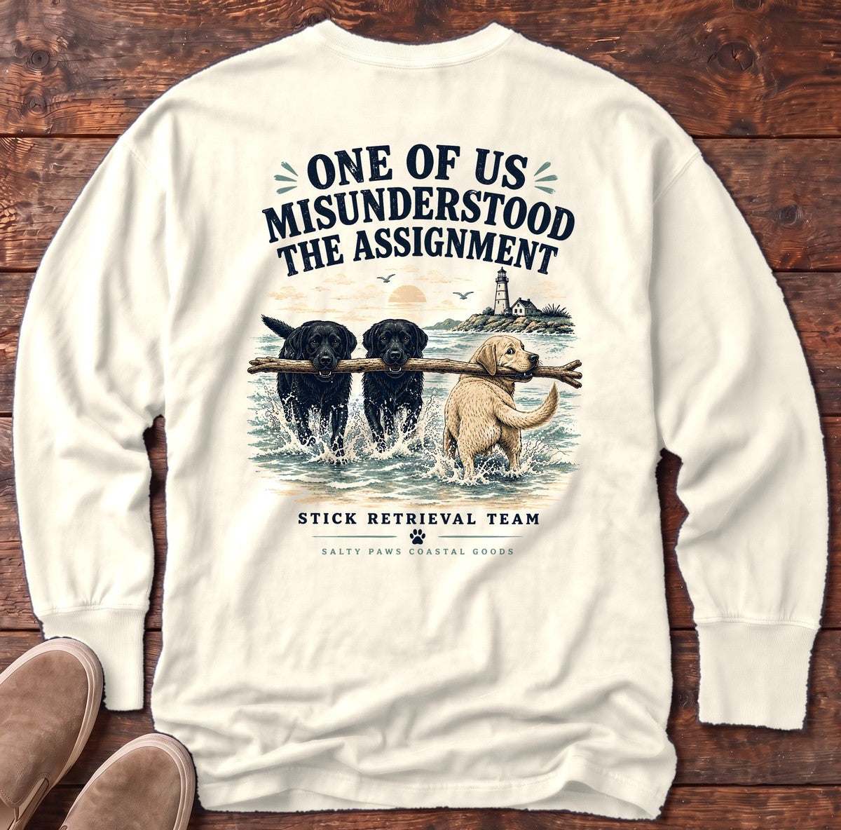 Misunderstood Assignment Labs Fetch Back Design Long Sleeve Tee in Ivory, Salty Paws Comfort Colors long sleeve tee