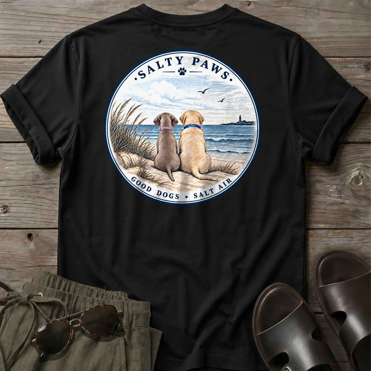 BEACH Pelican Weim & Labrador BACK T-Shirt in Black, Salty Paws coastal t-shirt