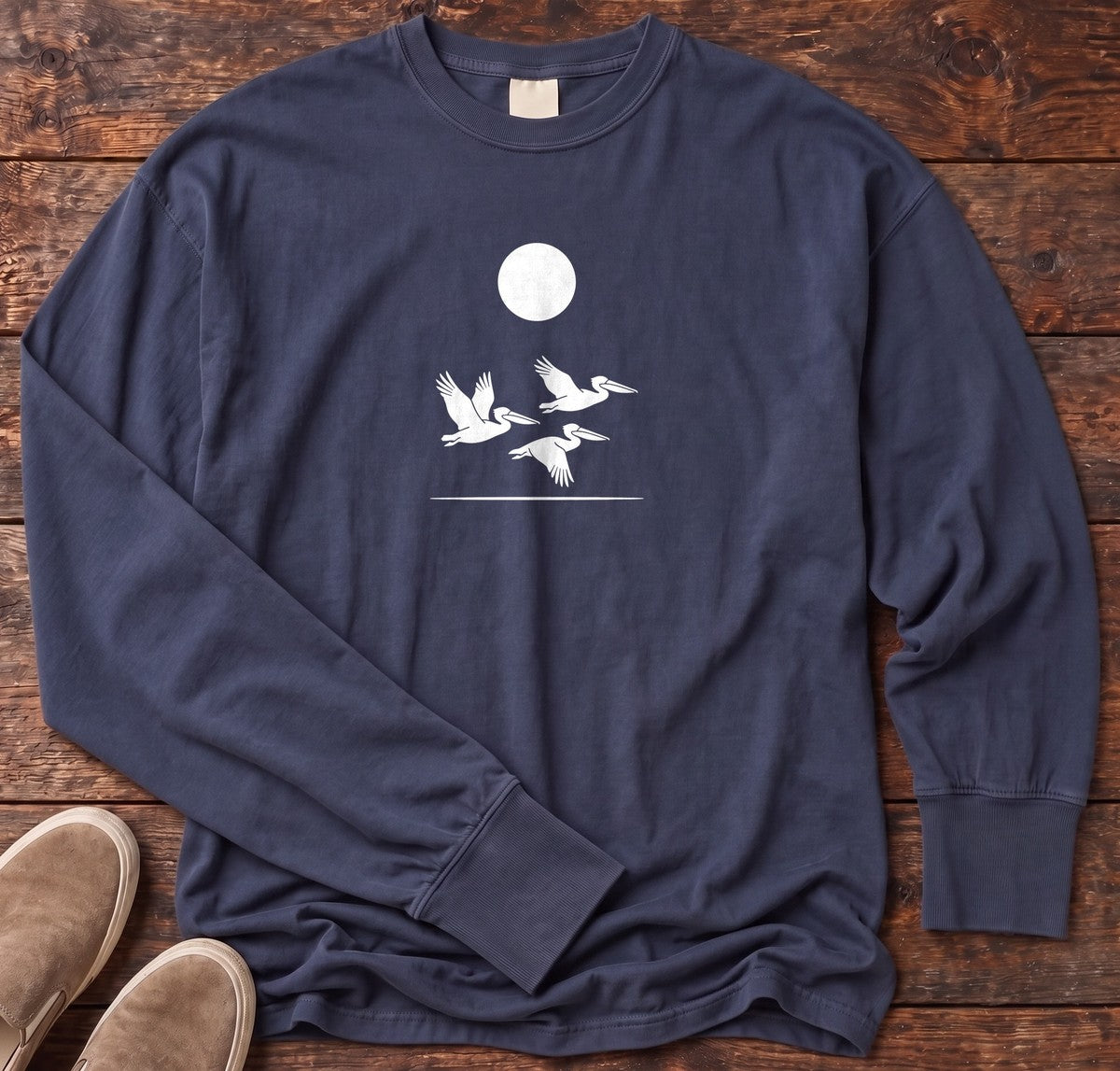 3 Pelicans Long Sleeve Tee in True Navy, Salty Paws Comfort Colors long sleeve tee