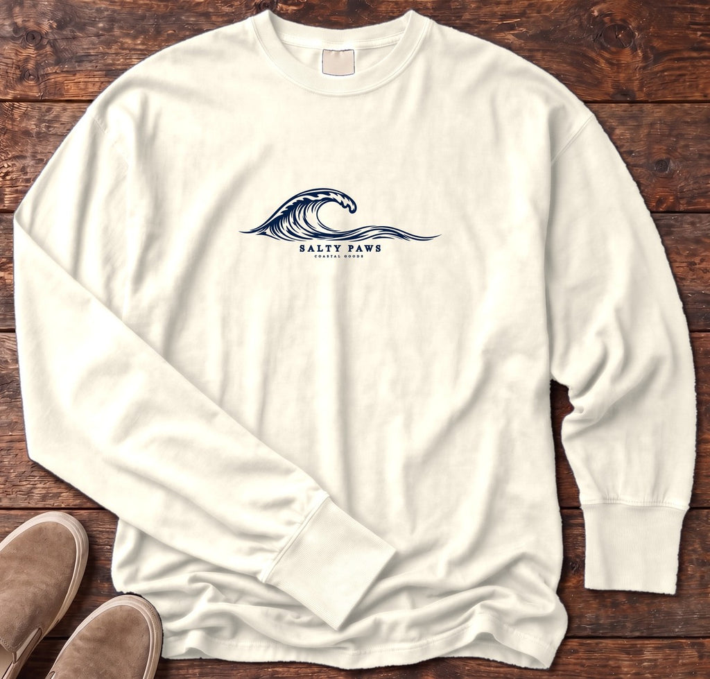 Salty Paws Coastal Wave Long Sleeve Tee in Ivory, Salty Paws Comfort Colors Long Sleeve Tee, front design flat lay