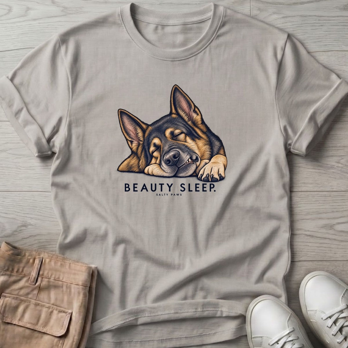 Beauty Sleep German Shepherd T-Shirt in Ice Grey, Salty Paws T-Shirt, front design flat lay