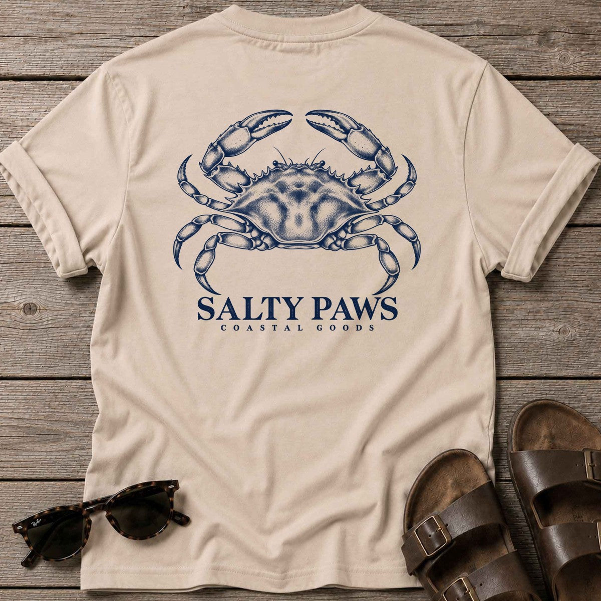 Blue Crab Coastal Goods Back Design T-Shirt in Sand, Salty Paws T-Shirt, back design flat lay
