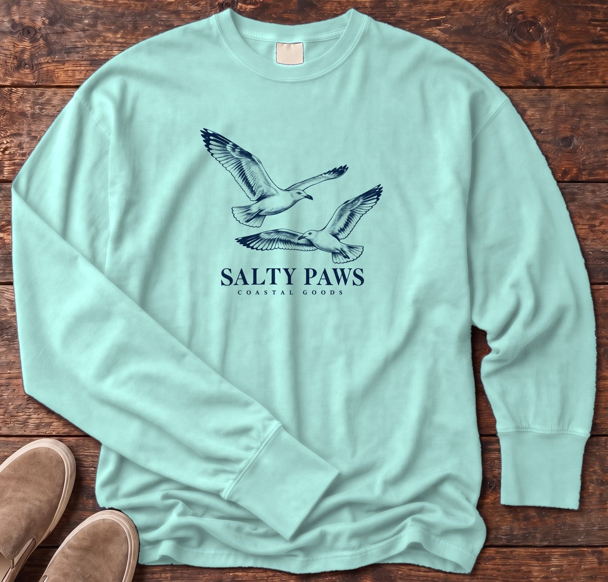 Gull Flight Coastal Goods Long Sleeve Tee in Chalky Mint, Salty Paws Comfort Colors Long Sleeve Tee, front design flat lay