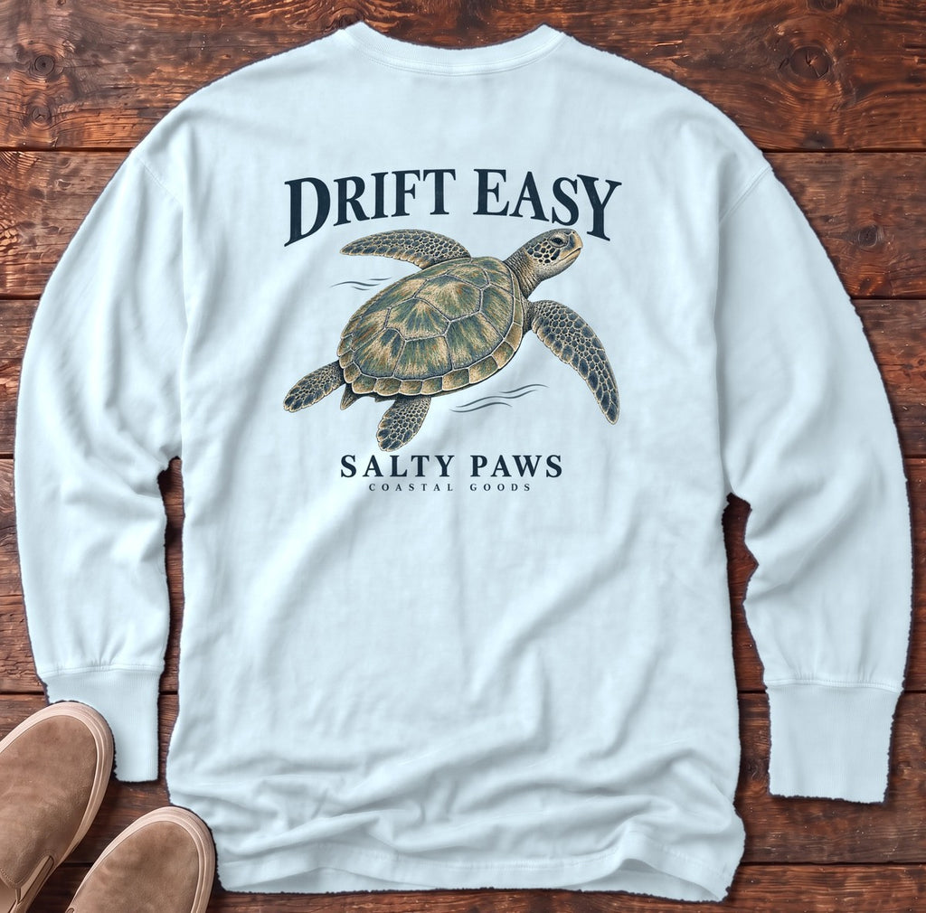 Drift Easy Sea Turtle Salty Paws Coastal Goods Back Design Long Sleeve Tee in Chambray, Salty Paws Comfort Colors Long Sleeve Tee, back design flat lay