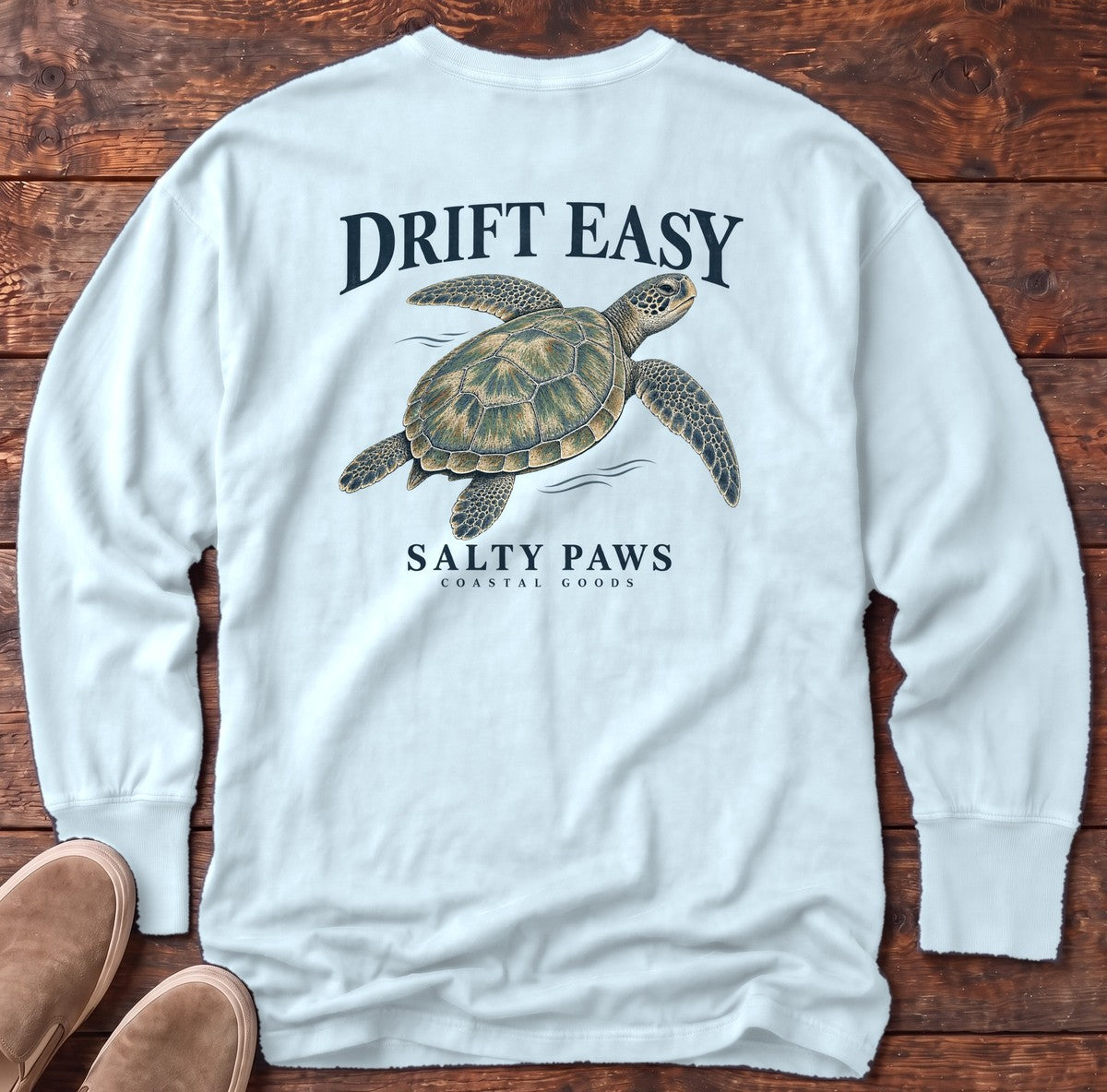 Drift Easy Sea Turtle Salty Paws Coastal Goods Back Design Long Sleeve Tee in Chambray, Salty Paws Comfort Colors Long Sleeve Tee, back design flat lay