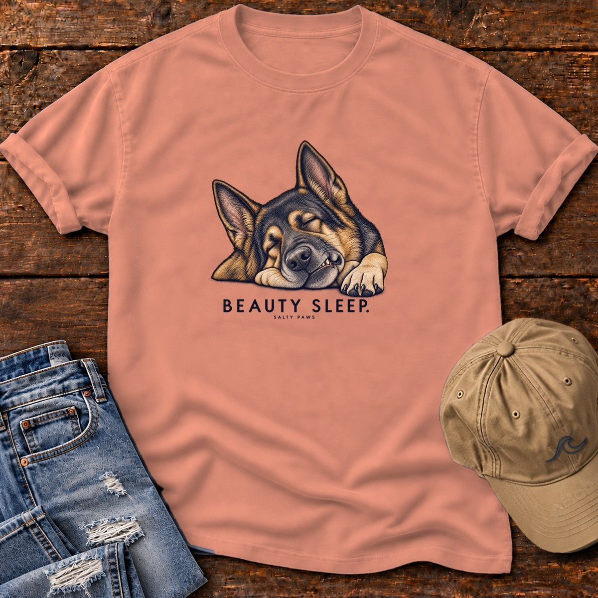 Beauty Sleep German Shepherd T-Shirt in Terracotta, Salty Paws Comfort Colors T-Shirt, front design flat lay