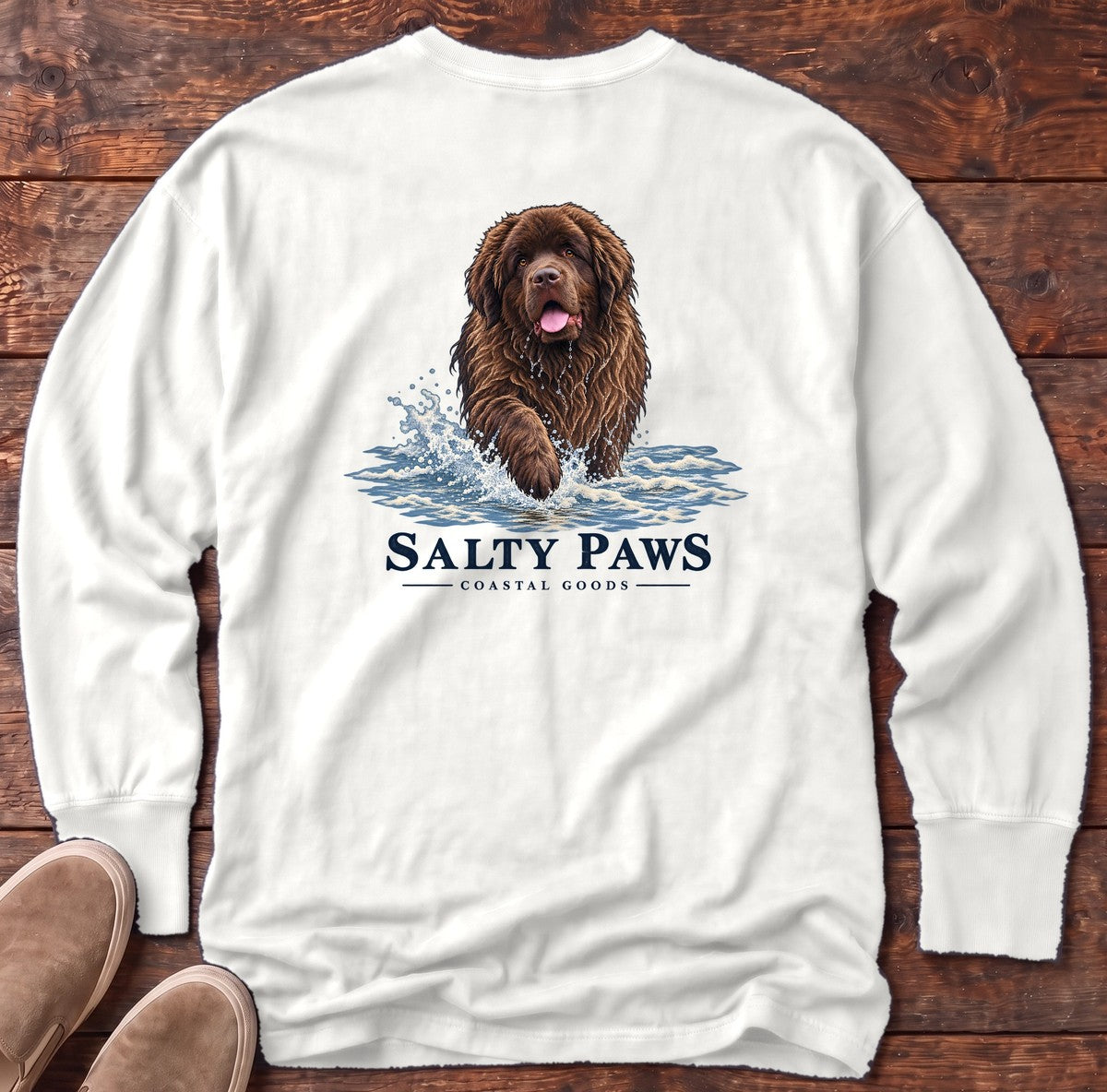 Brown Newfoundland Surf Back Design Long Sleeve Tee in White, Salty Paws Comfort Colors Long Sleeve Tee, back design flat lay