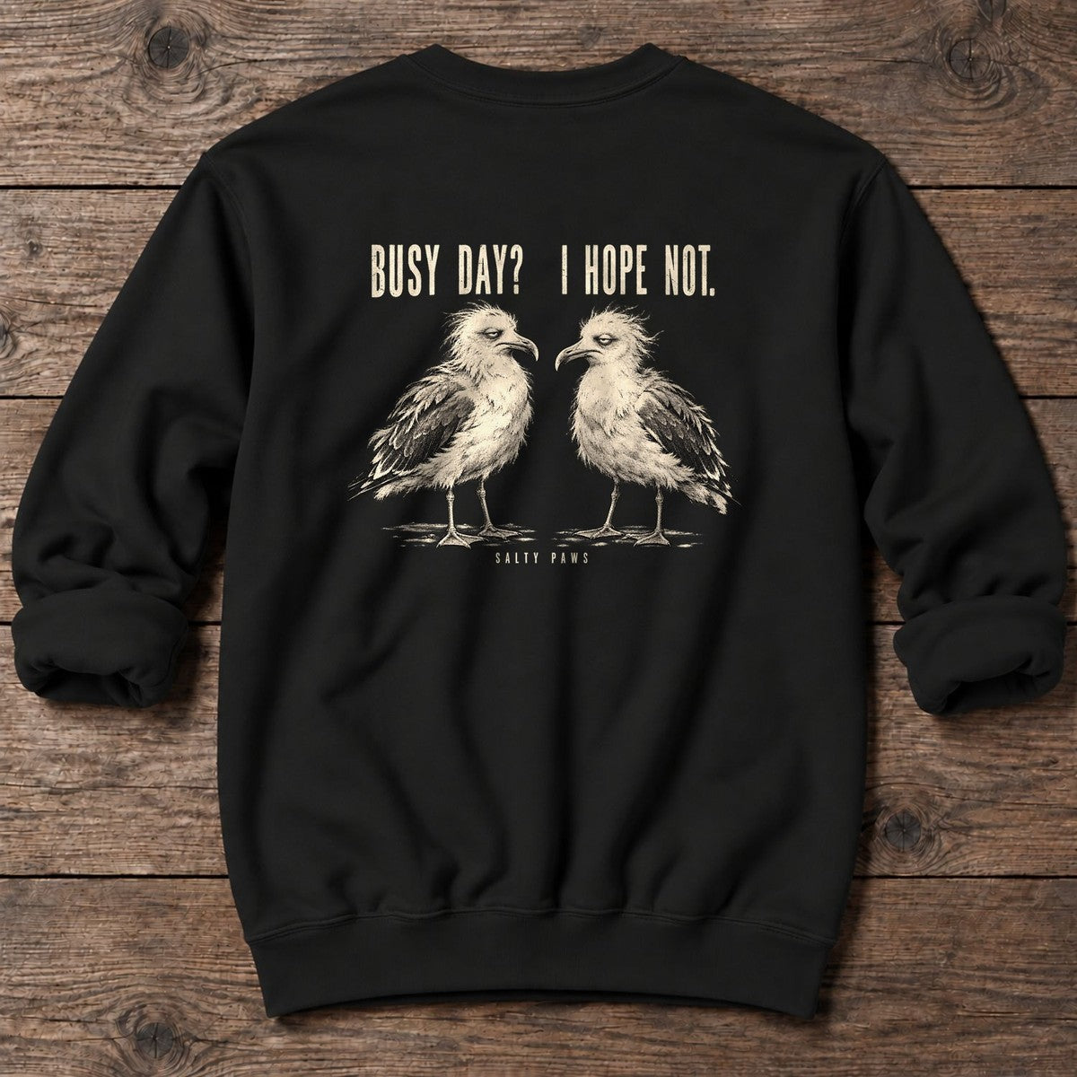 Busy Day Gulls Back Design Midweight Sweatshirt in Black, Salty Paws Midweight Sweatshirt, back design flat lay