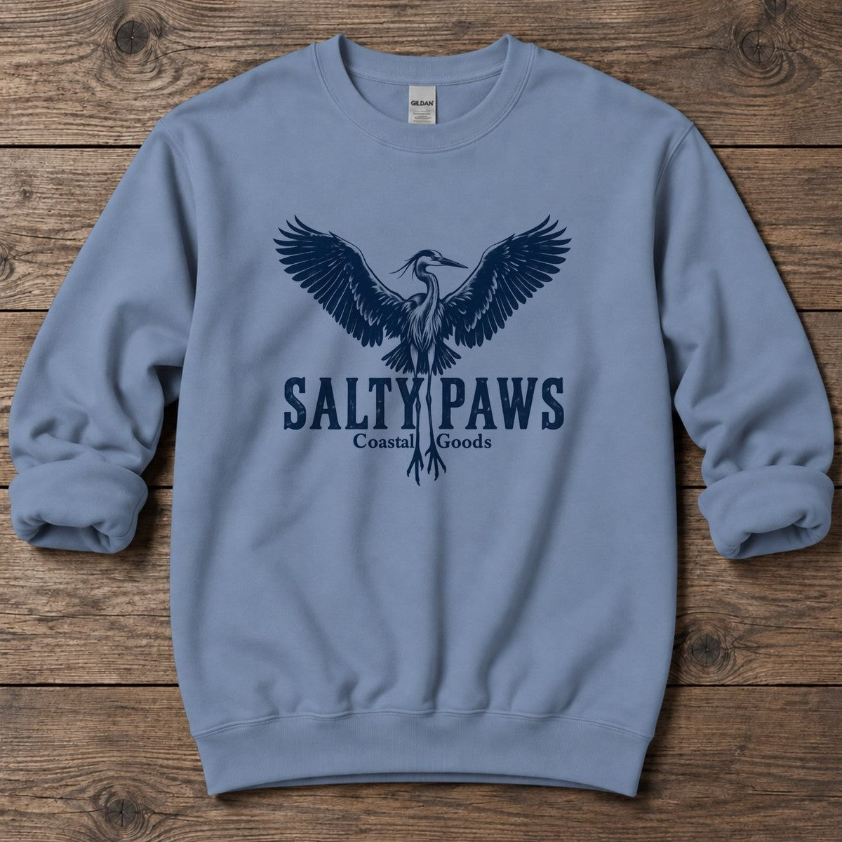 Rising Heron Salty Paws Coastal Goods Midweight Sweatshirt in Stone Blue, Salty Paws Midweight Sweatshirt, front design flat lay