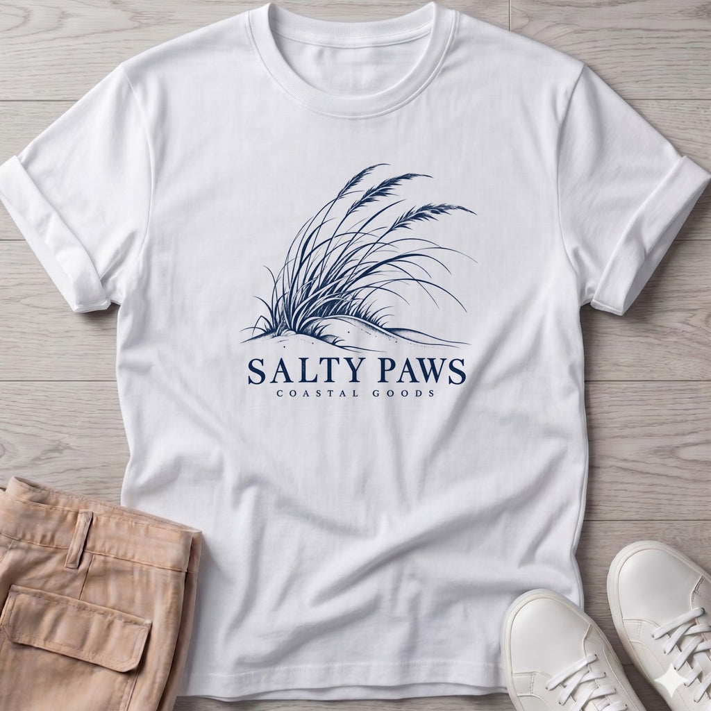 Salty Paws Dune Grass T-Shirt in White, Salty Paws T-Shirt, front design flat lay