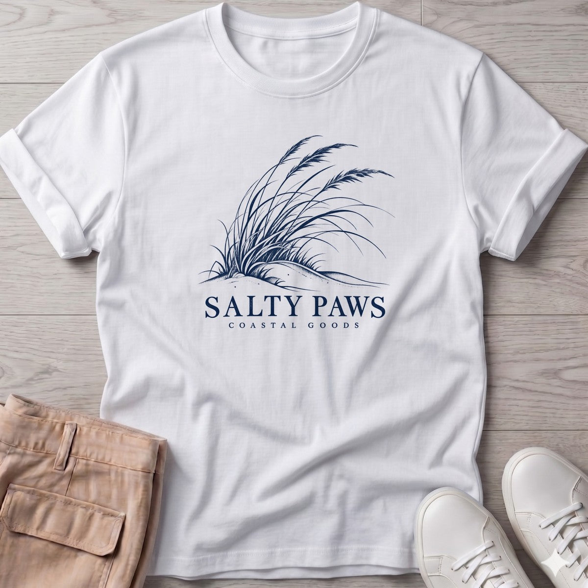 Salty Paws Dune Grass T-Shirt in White, Salty Paws T-Shirt, front design flat lay