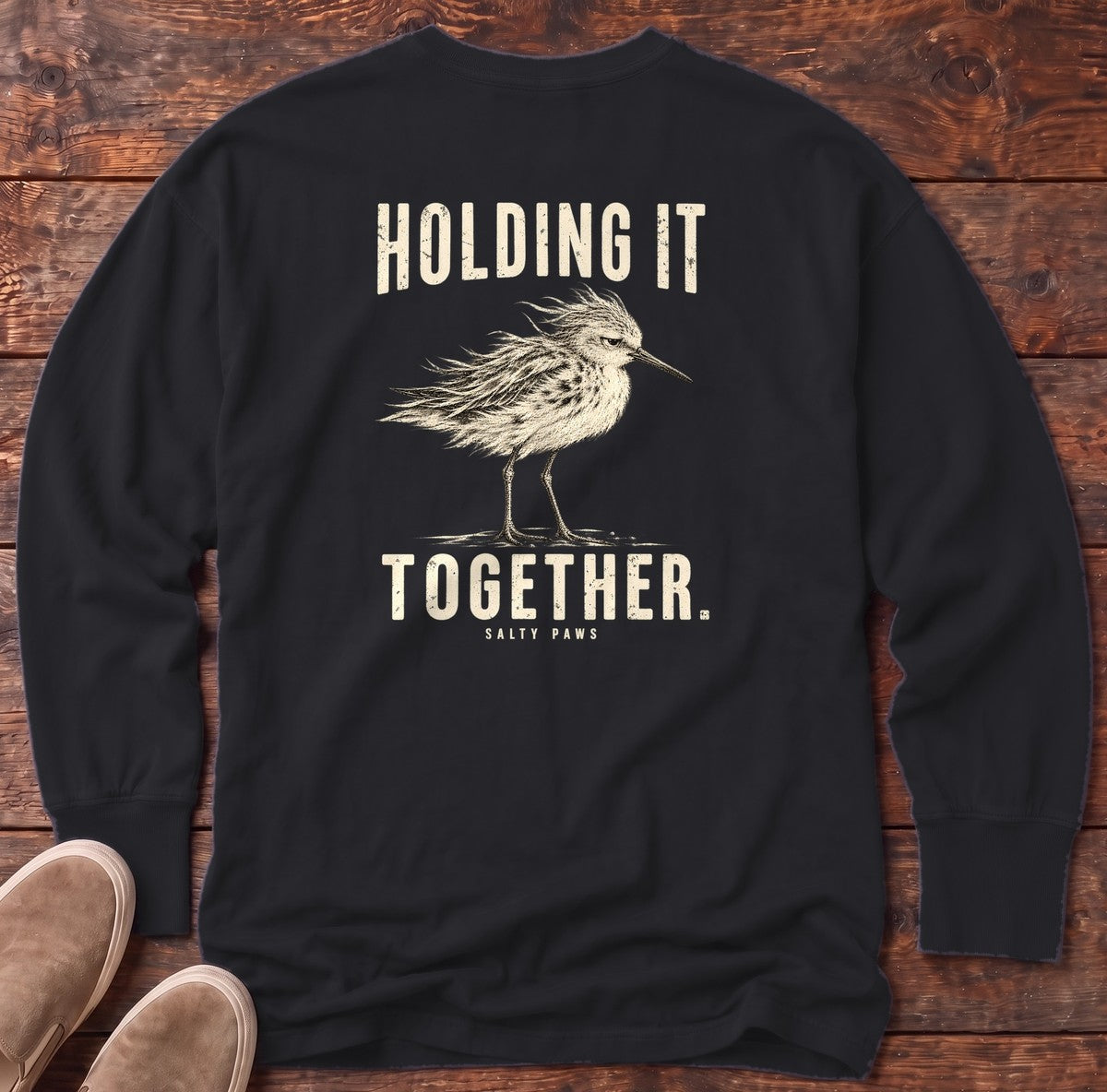 Holding It Together Sandpiper Back Design Long Sleeve Tee in Black, Salty Paws Comfort Colors Long Sleeve Tee, back design flat lay