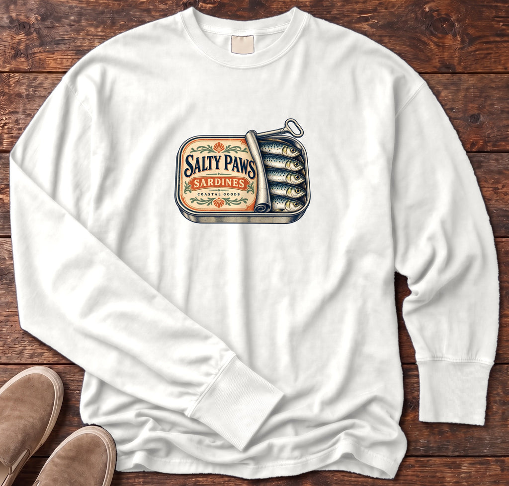 Salty Paws Sardines Coastal Goods Long Sleeve Tee in White, Salty Paws Comfort Colors Long Sleeve Tee, front design flat lay