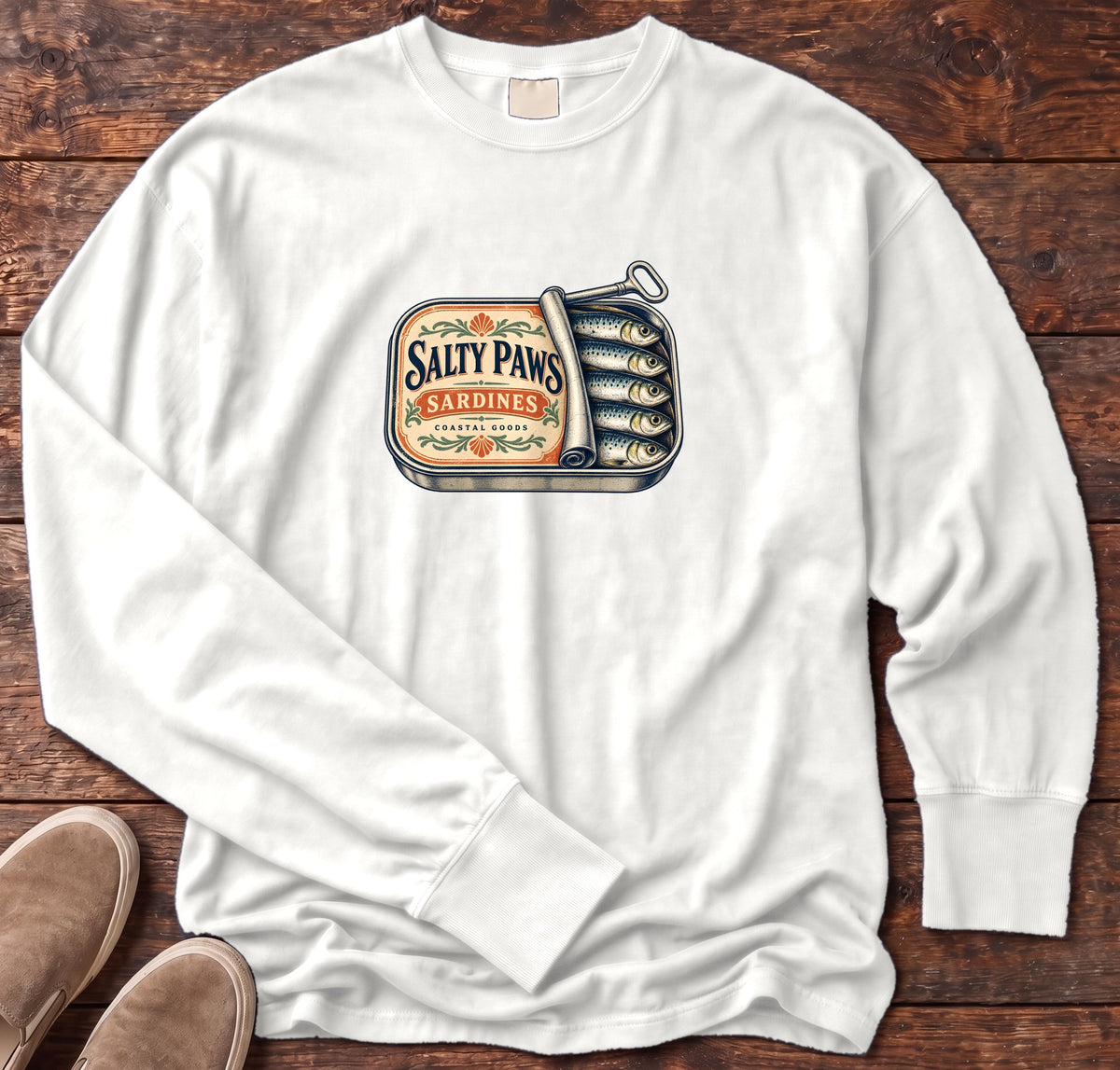 Salty Paws Sardines Coastal Goods Long Sleeve Tee in White, Salty Paws Comfort Colors Long Sleeve Tee, front design flat lay
