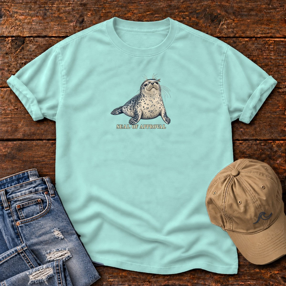 Seal of Approval T-Shirt in Chalky Mint, Salty Paws Comfort Colors T-Shirt, front design flat lay