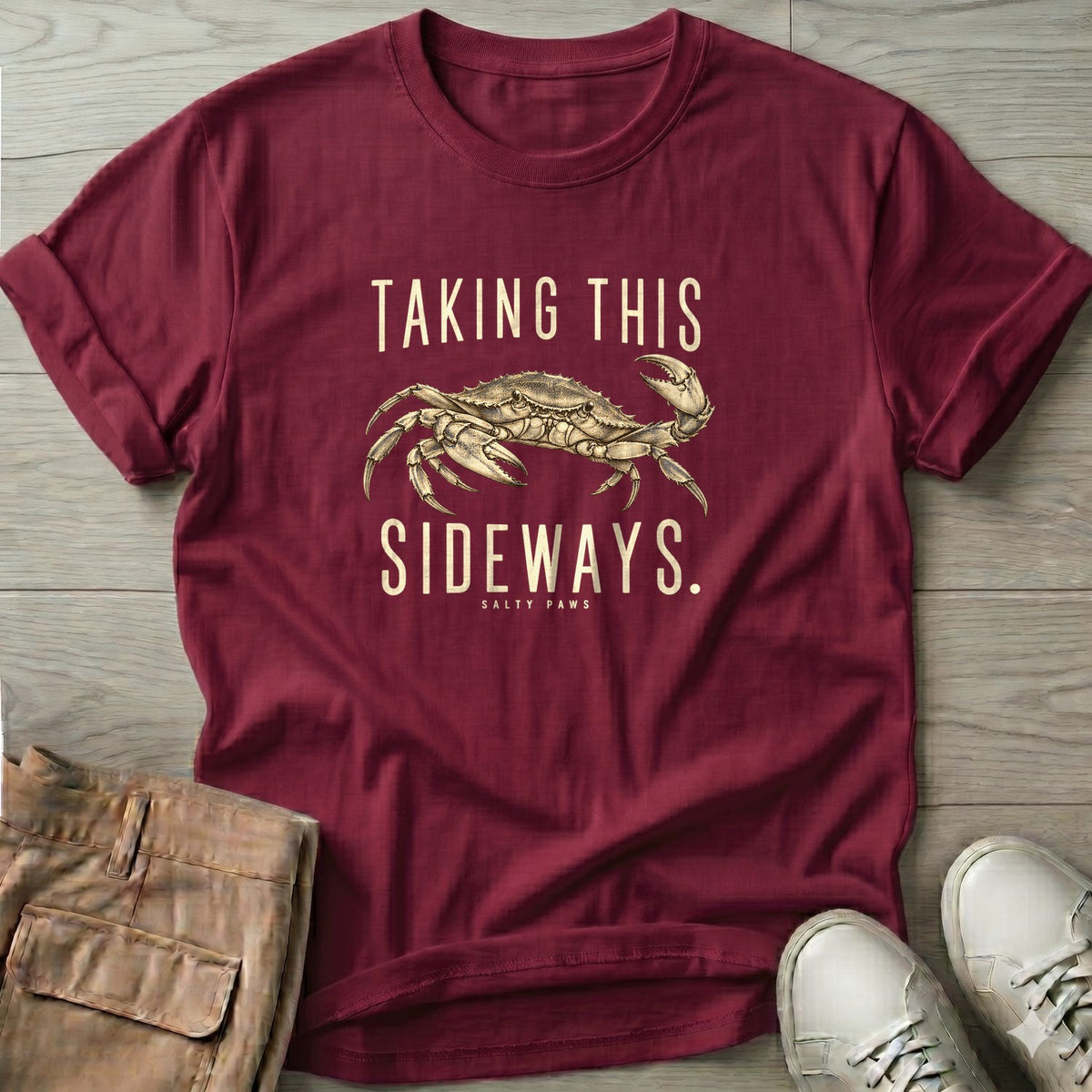 Taking This Sideways Crab T-Shirt in Maroon, Salty Paws T-Shirt, front design flat lay