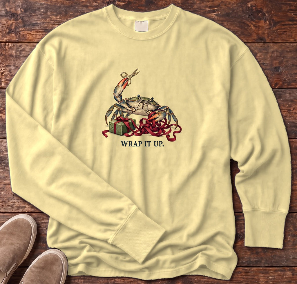 Wrap It Up Crab Long Sleeve Tee in Butter, Salty Paws Comfort Colors Long Sleeve Tee, front design flat lay