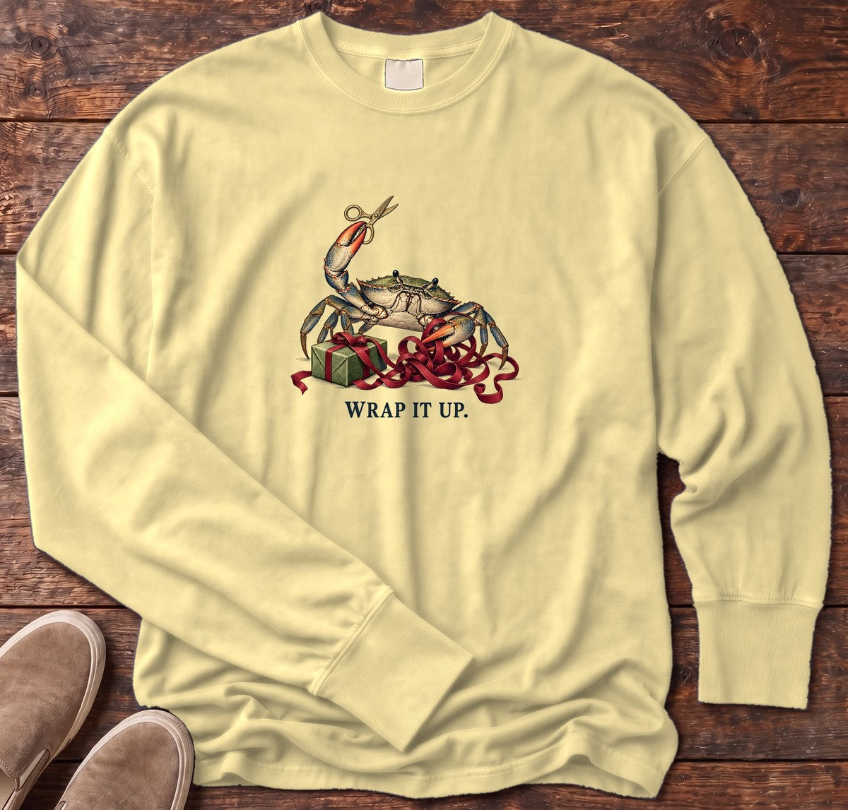 Wrap It Up Crab Long Sleeve Tee in Butter, Salty Paws Comfort Colors Long Sleeve Tee, front design flat lay