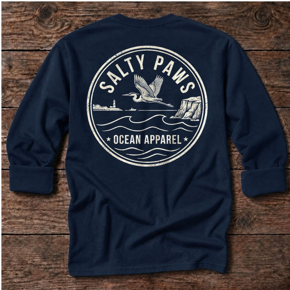 Heron Emblem Back Design Long Sleeve Tee in Dark Navy, Salty Paws coastal tee