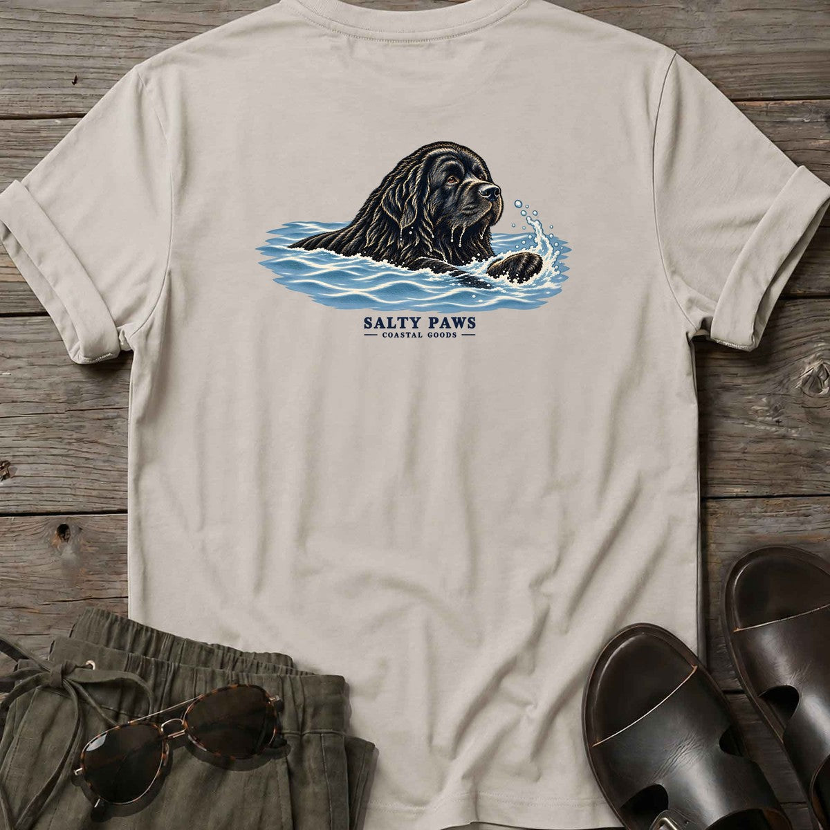 Swimming Newfoundland Back Design T-Shirt in Ice Grey, Salty Paws T-Shirt, back design flat lay