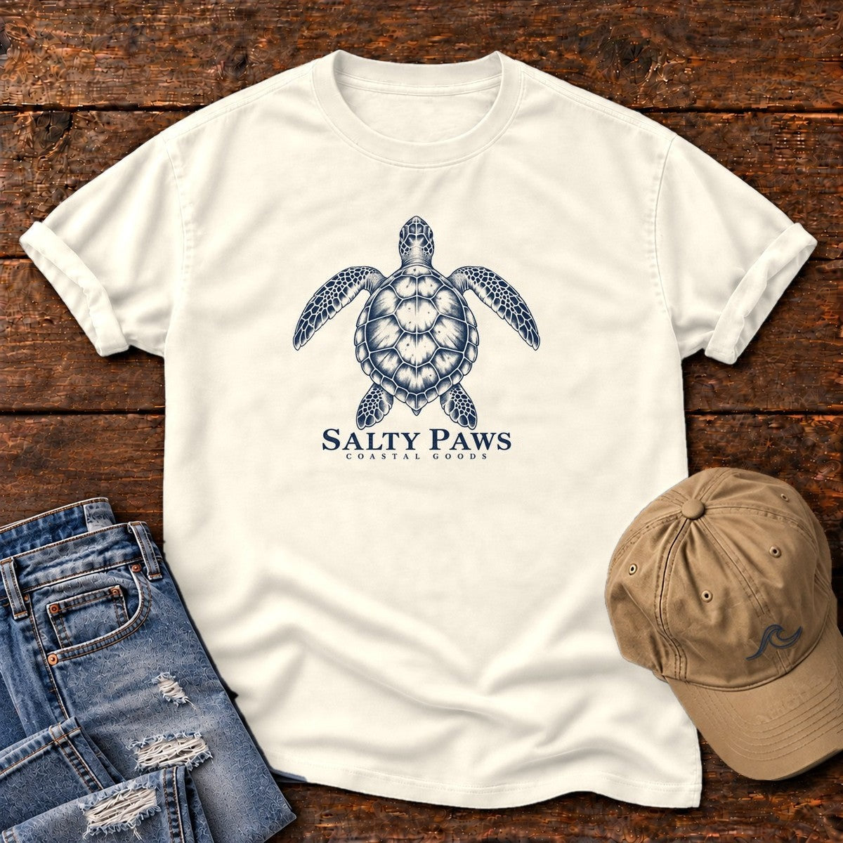 Sea Turtle Coastal Goods T-Shirt in Ivory, Salty Paws Comfort Colors T-Shirt, front design flat lay