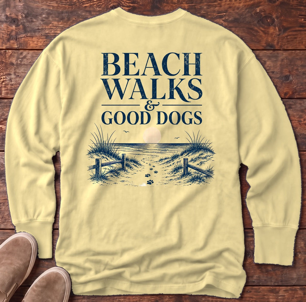 Beach Walks Good Dogs Back Design Long Sleeve Tee in Butter, Salty Paws Comfort Colors long sleeve tee