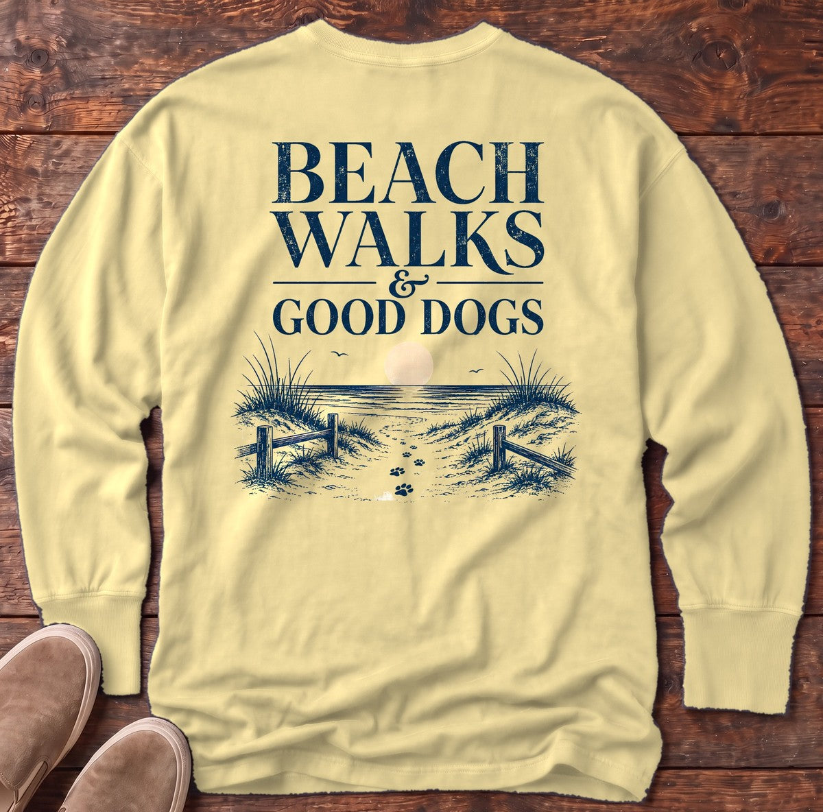 Beach Walks Good Dogs Back Design Long Sleeve Tee in Butter, Salty Paws Comfort Colors long sleeve tee