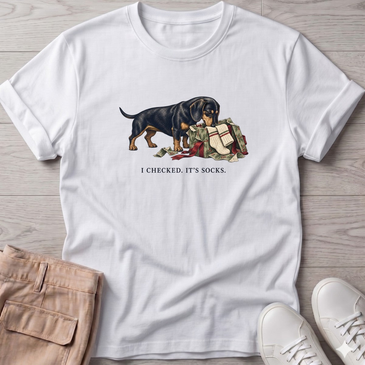 I Checked It's Socks Dachshund T-Shirt in White, Salty Paws T-Shirt, front design flat lay