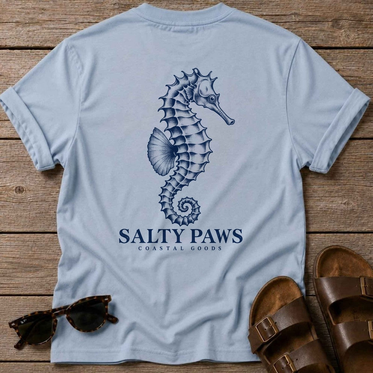 Seahorse Coastal Goods Back Design T-Shirt in Light Blue, Salty Paws T-Shirt, back design flat lay