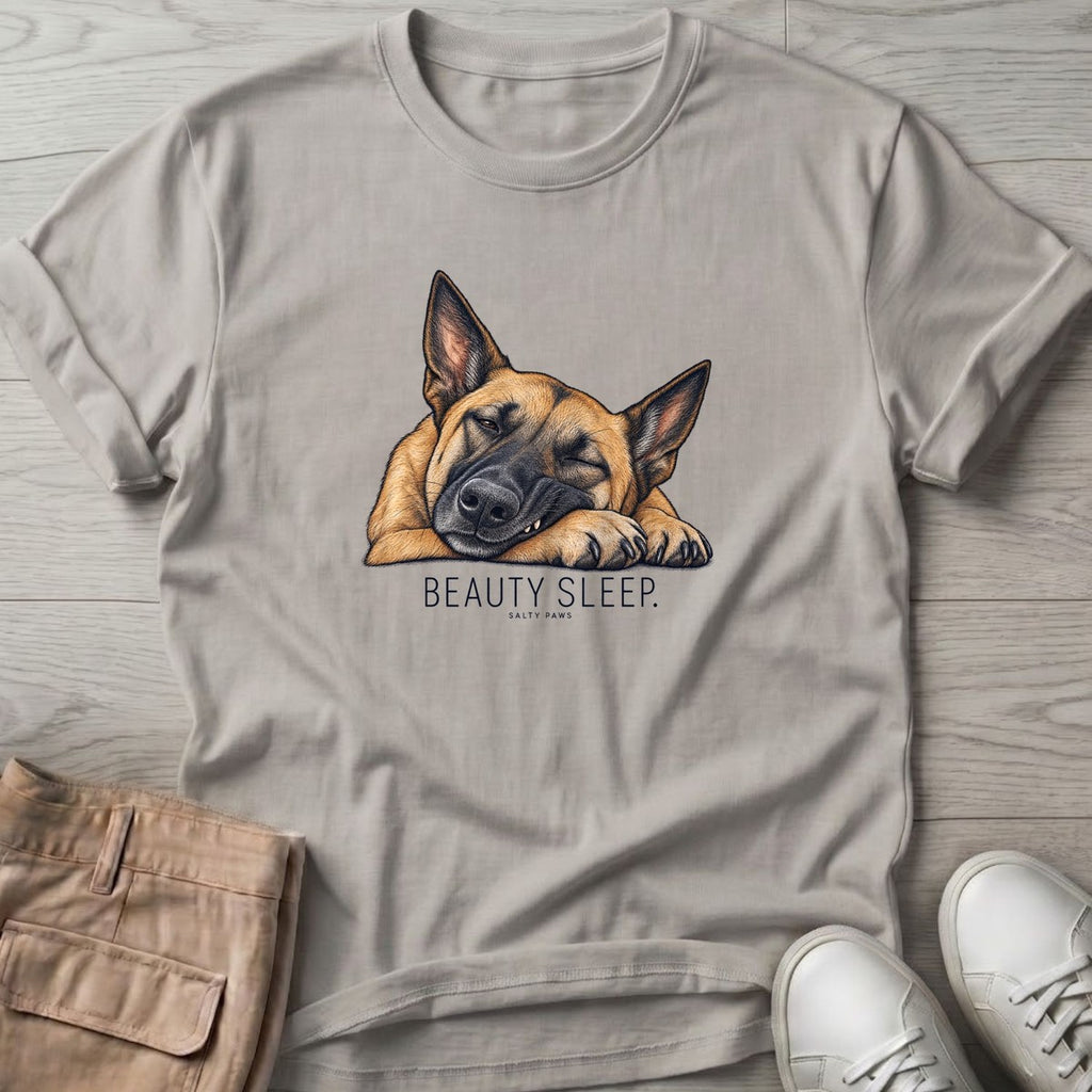 Beauty Sleep Belgian Malinois T-Shirt in Ice Grey, Salty Paws T-Shirt, front design flat lay