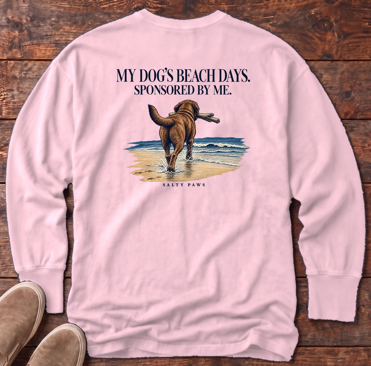 Beach Days Sponsored by Me Chocolate Lab Back Design Long Sleeve Tee in Blossom, Salty Paws Comfort Colors Long Sleeve Tee, back design flat lay