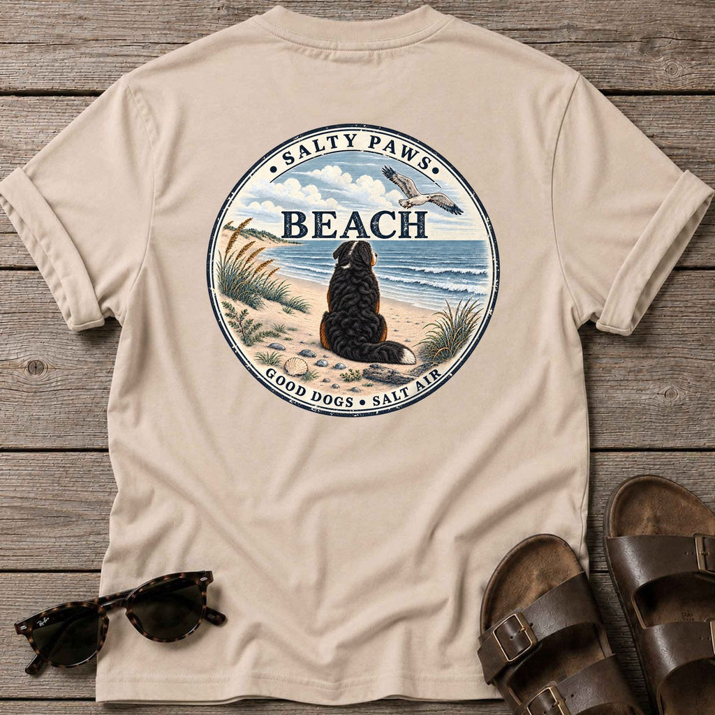 Salty Paws Beach Bernese Back Design T-Shirt in Sand, Salty Paws T-Shirt, back design flat lay
