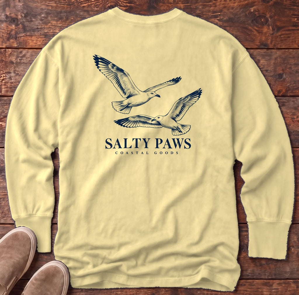 Gull Flight Coastal Goods Back Design Long Sleeve Tee in Butter, Salty Paws Comfort Colors Long Sleeve Tee, back design flat lay
