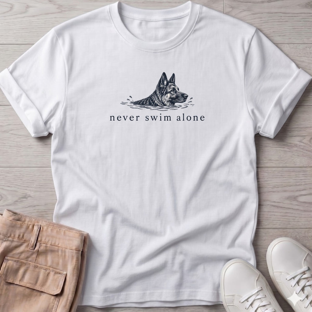 Never Swim Alone German Shepherd T-Shirt in White, Salty Paws coastal t-shirt
