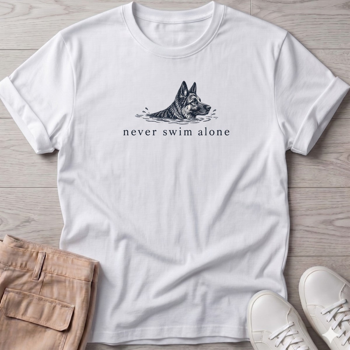 Never Swim Alone German Shepherd T-Shirt in White, Salty Paws coastal t-shirt