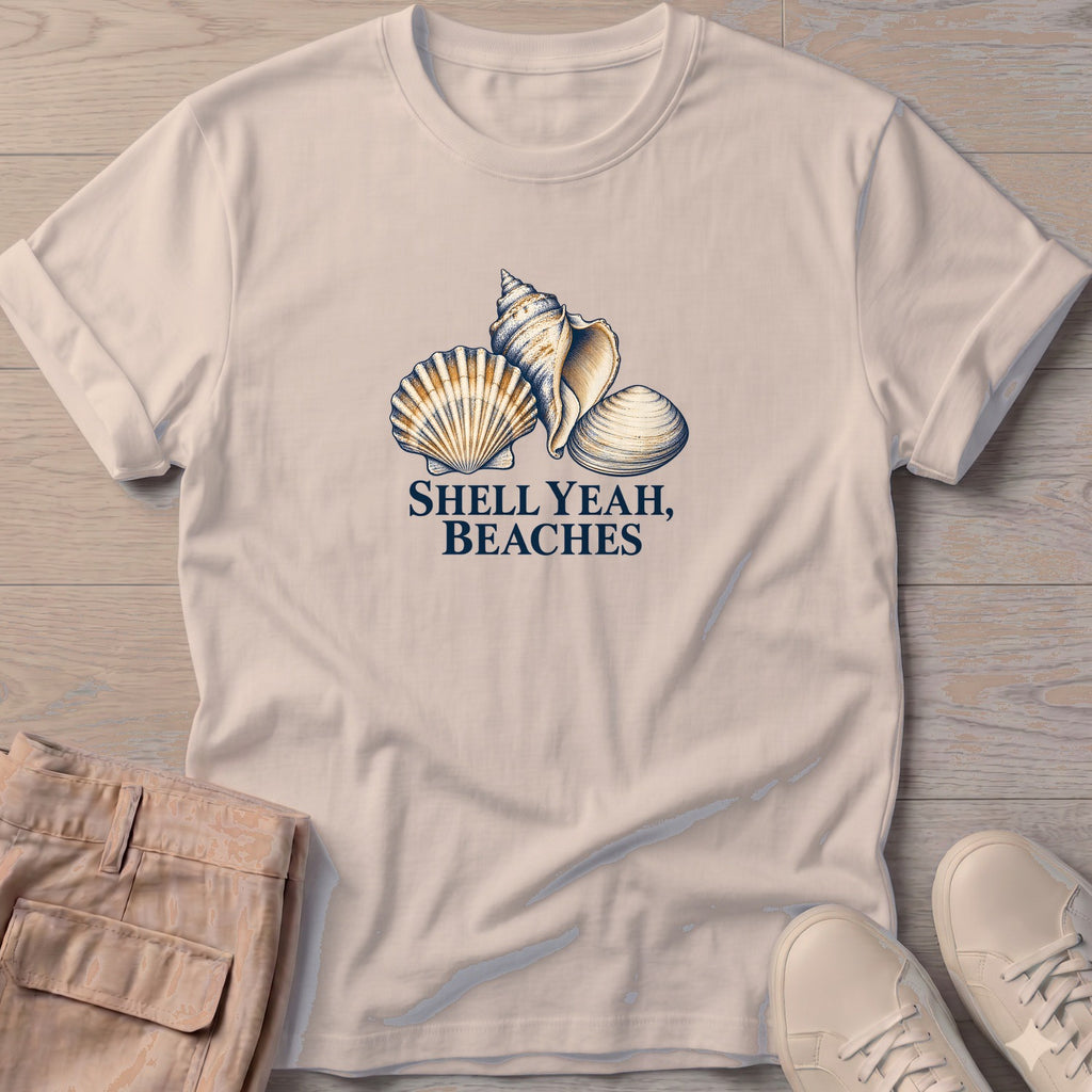 Shell Yeah Beaches T-Shirt in Sand, Salty Paws T-Shirt, front design flat lay